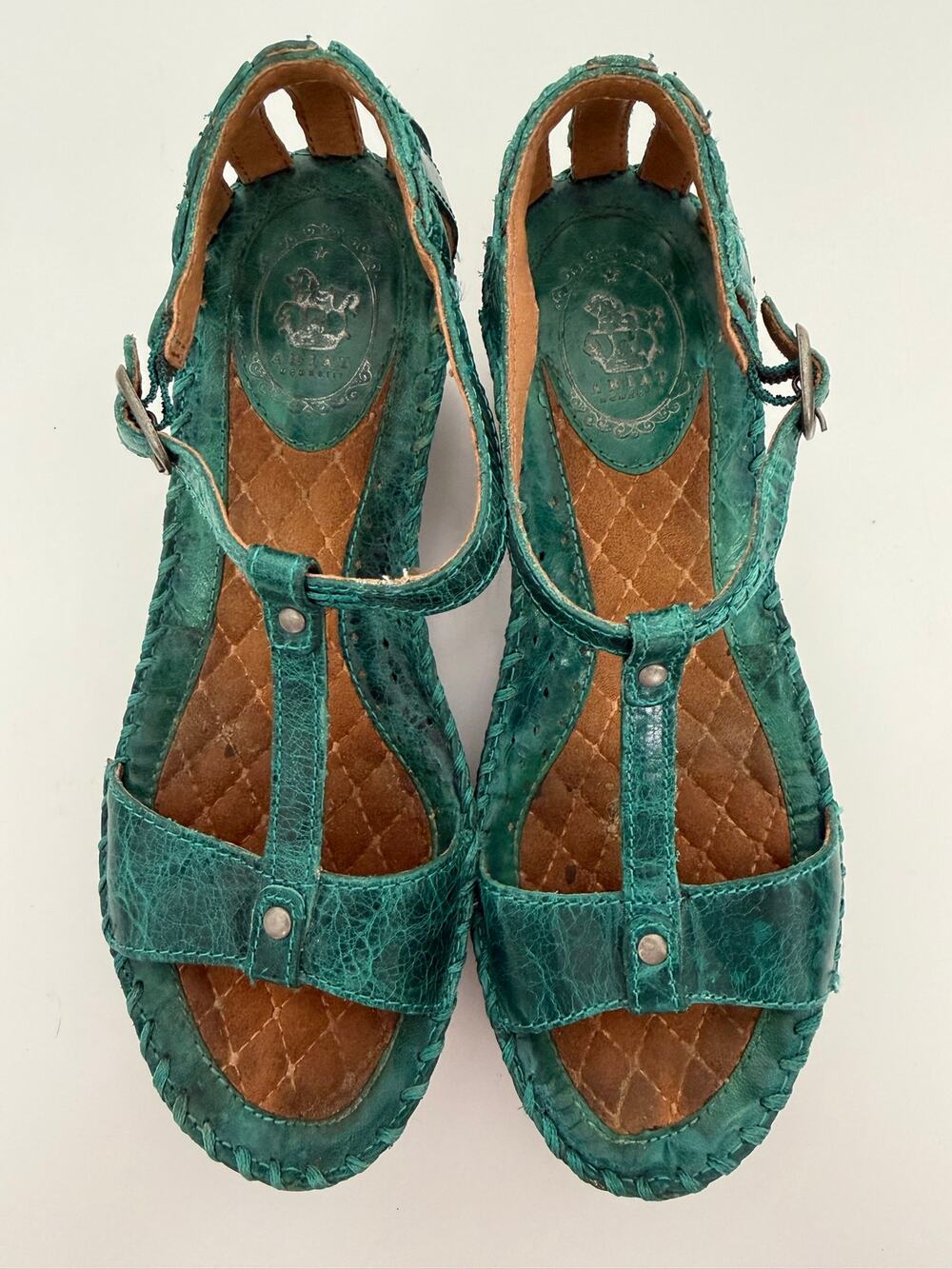 Ariat Teal Green Leather T-Strap Wedge Sandals Shoes Women 7.5 B